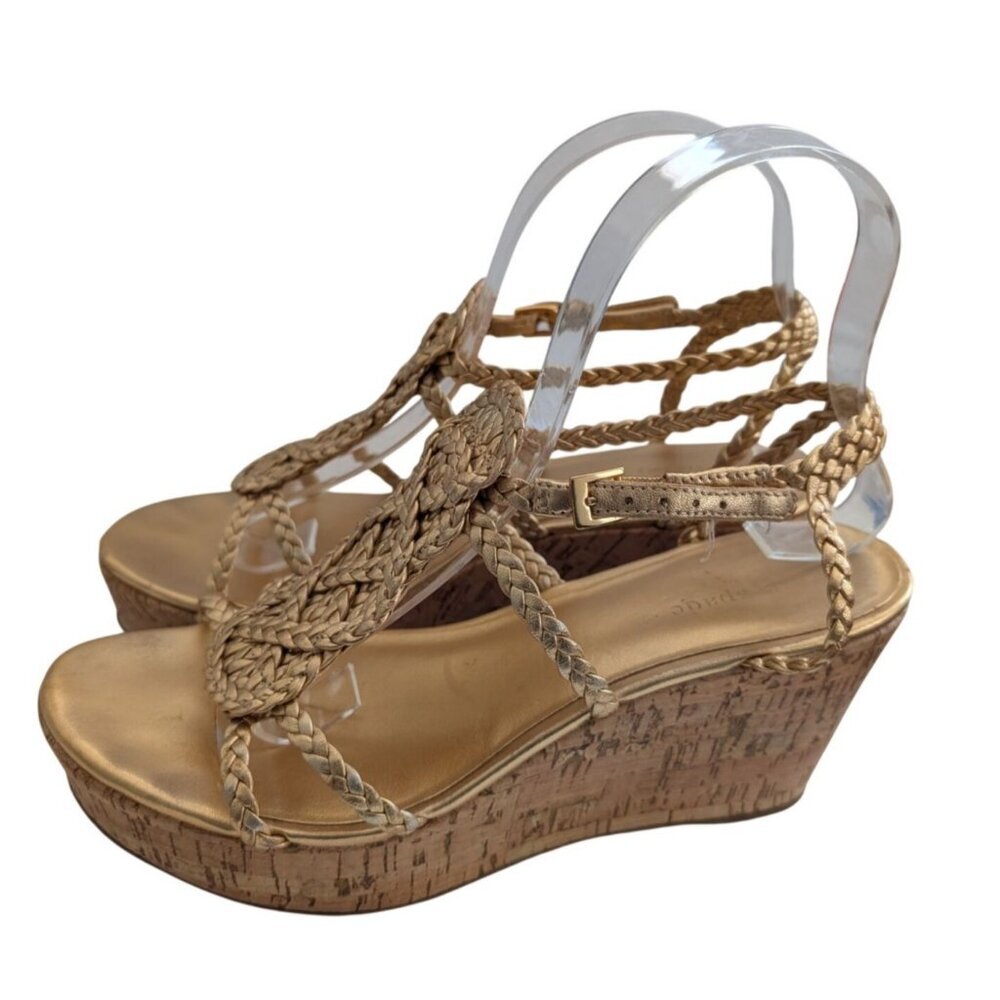 Kate Spade New York Becca Gold Braided Leather Cork Platform Wedge Sandals Sz 8 - Picture 3 of 10